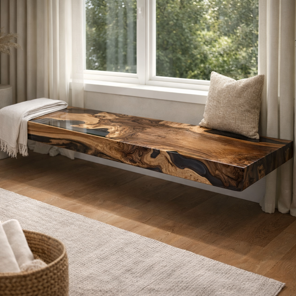 The Walnut And Epoxy resin Bench / Floating Shelves