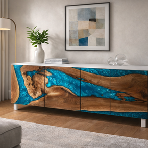 The signature Walnut wood and Epoxy resin Buffet Console