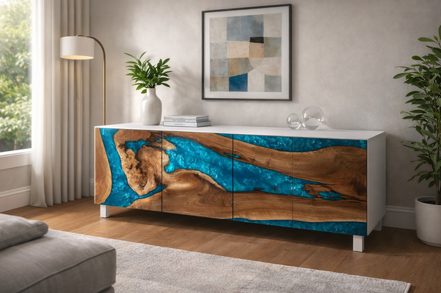 The signature Walnut wood and Epoxy resin Buffet Console