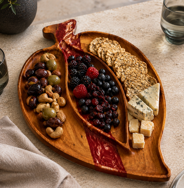 Leaf-shaped walnut wood serving board with a red epoxy river running along the carved midrib, handmade in Dubai.