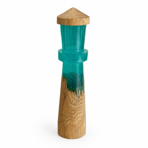 The Aqua Beacon – Wood & Turquoise Epoxy Lighthouse Décor