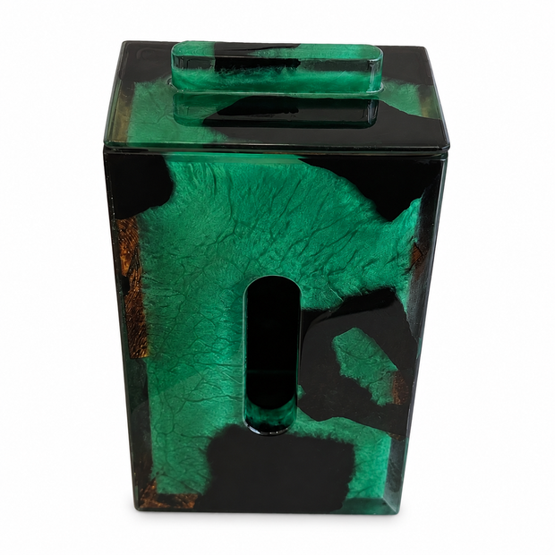 The Emerald Flow – Burned Wood & Epoxy Resin Tissue Box