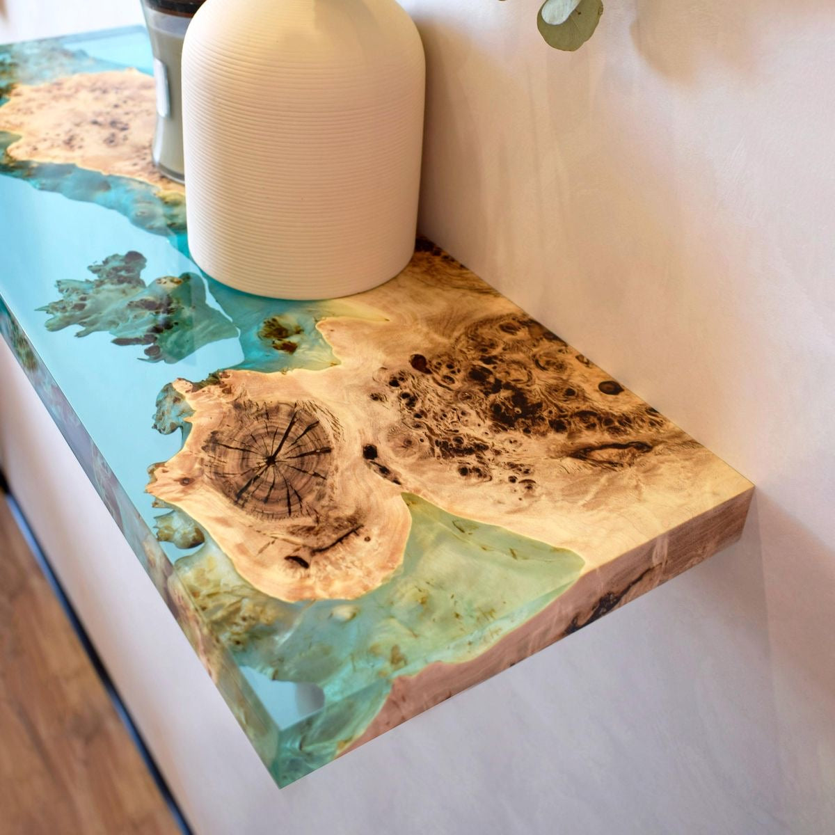 The Floating Mappa With Epoxy | Mappa Burl Floating Shelves Dubai | Uae